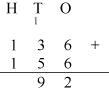 136 + 156 = Ones column totals to 2, tens column totals to 9